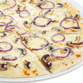 white pizza with ham and mushrooms