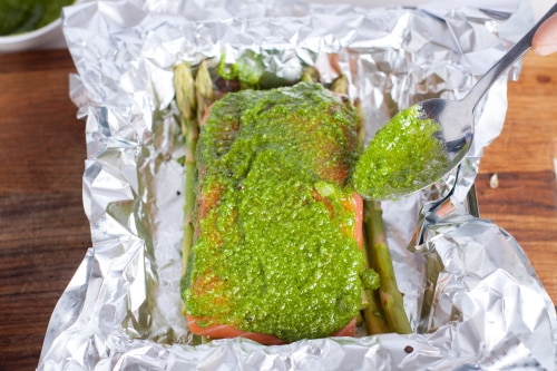 Pesto fish with sauce applied