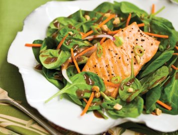 Spinach Salad Recipe with Salmon and Sesame-Peanut Dressing